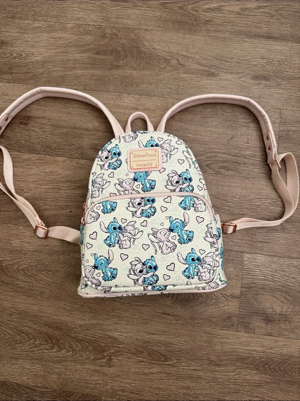 Loungefly Cream Mini Backpack with Blue Stitch Print and Pink Accents